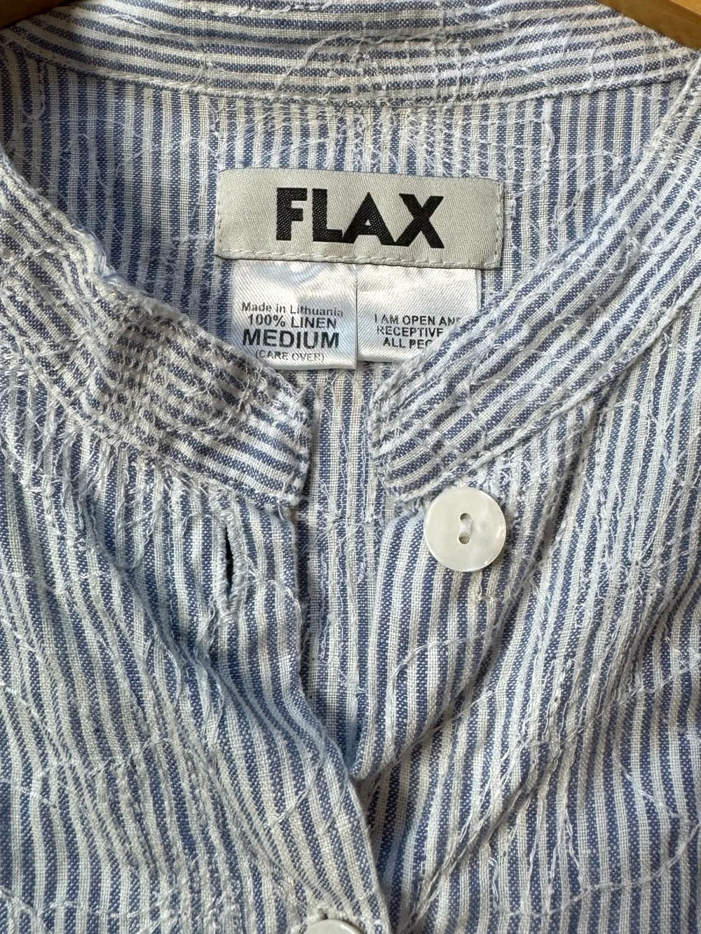 FLAX 100% Linen Button-Down Roll-Tab Floral Embroidered Tunic Shirt Dress size M